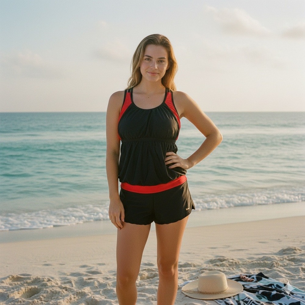 YONIQUE Women's Black Red Racerback Tankini Swim Top‎ Shorts Set